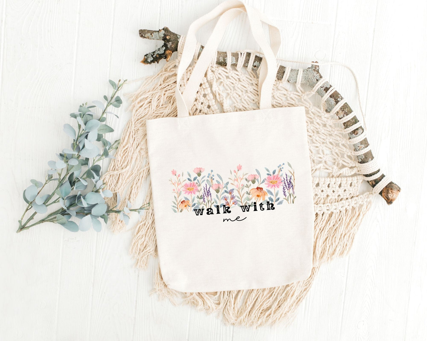 Walk With Me | Moses 6:34 | Minimalist Tote Bags wildflowers La Bella Rose Boutique