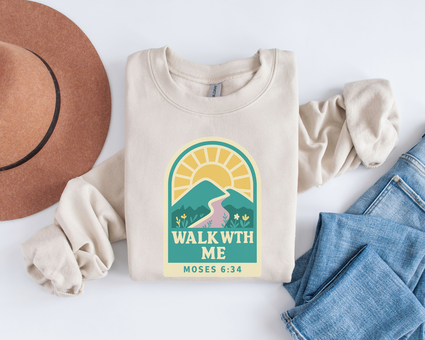 Walk With Me | Moses 6:34 | Minimalist Mountain Range Sweatshirt La Bella Rose Boutique