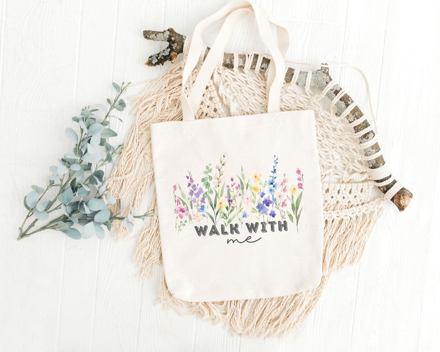 Walk With Me | Moses 6:34 | Minimalist Tote Bags wildflowers La Bella Rose Boutique
