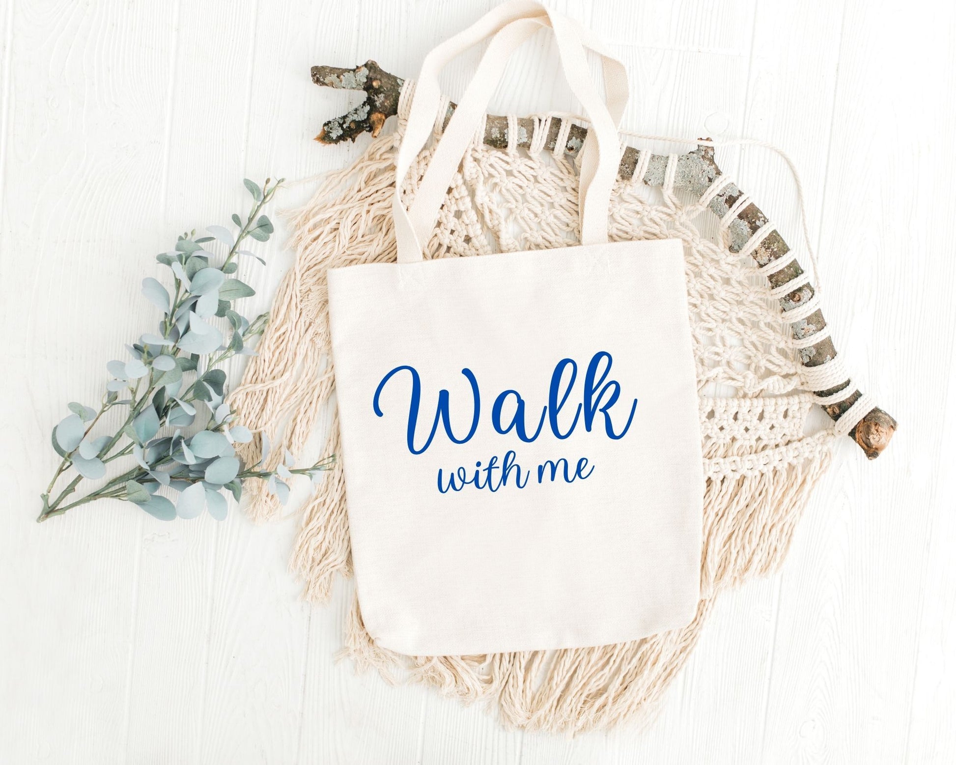 Walk With Me | Moses 6:34 | Minimalist Tote Bags writing La Bella Rose Boutique