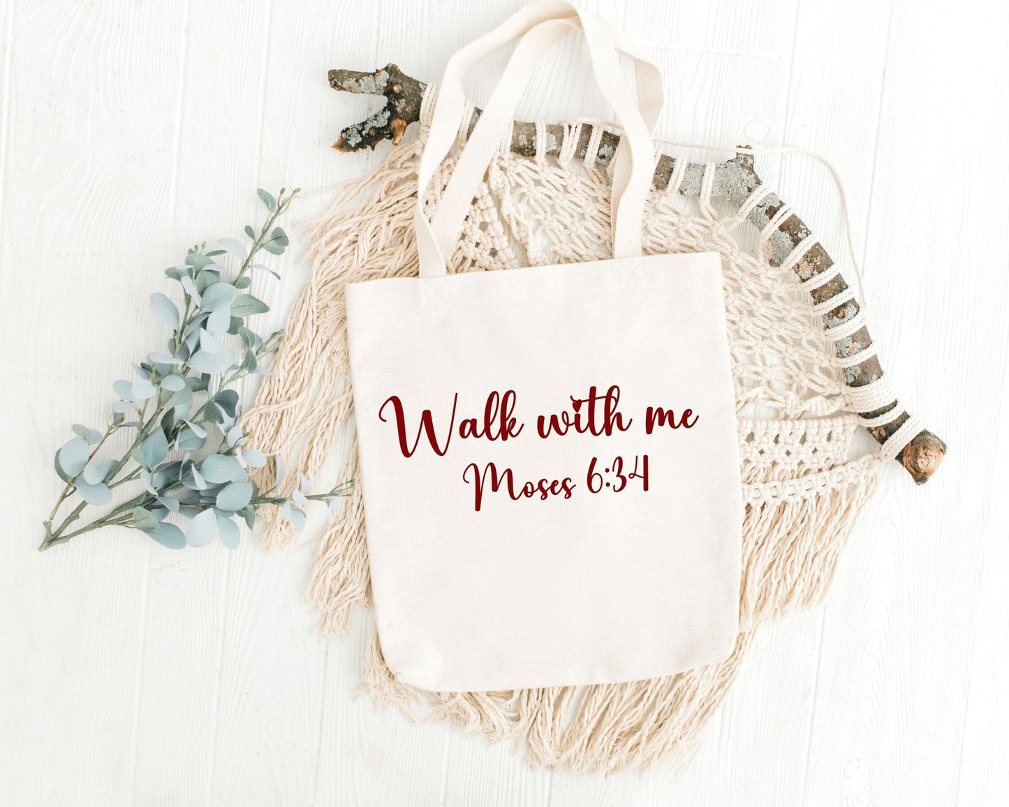 Walk With Me | Moses 6:34 | Minimalist Tote Bags writing La Bella Rose Boutique