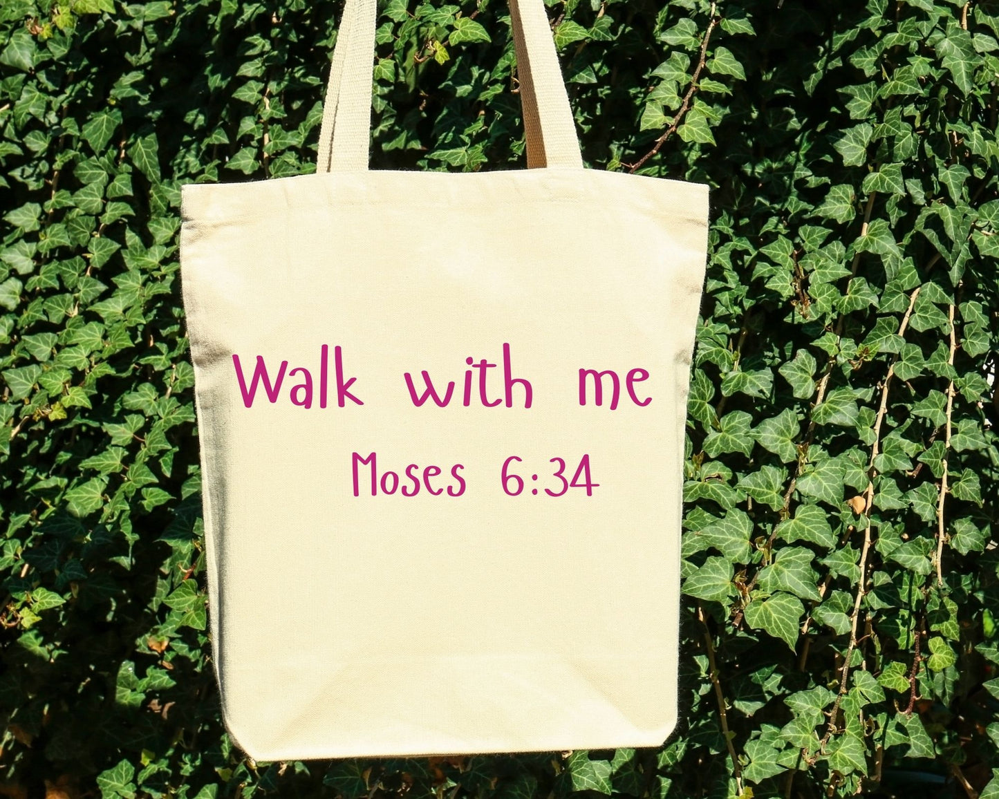 Walk With Me | Moses 6:34 | Minimalist Tote Bags writing La Bella Rose Boutique