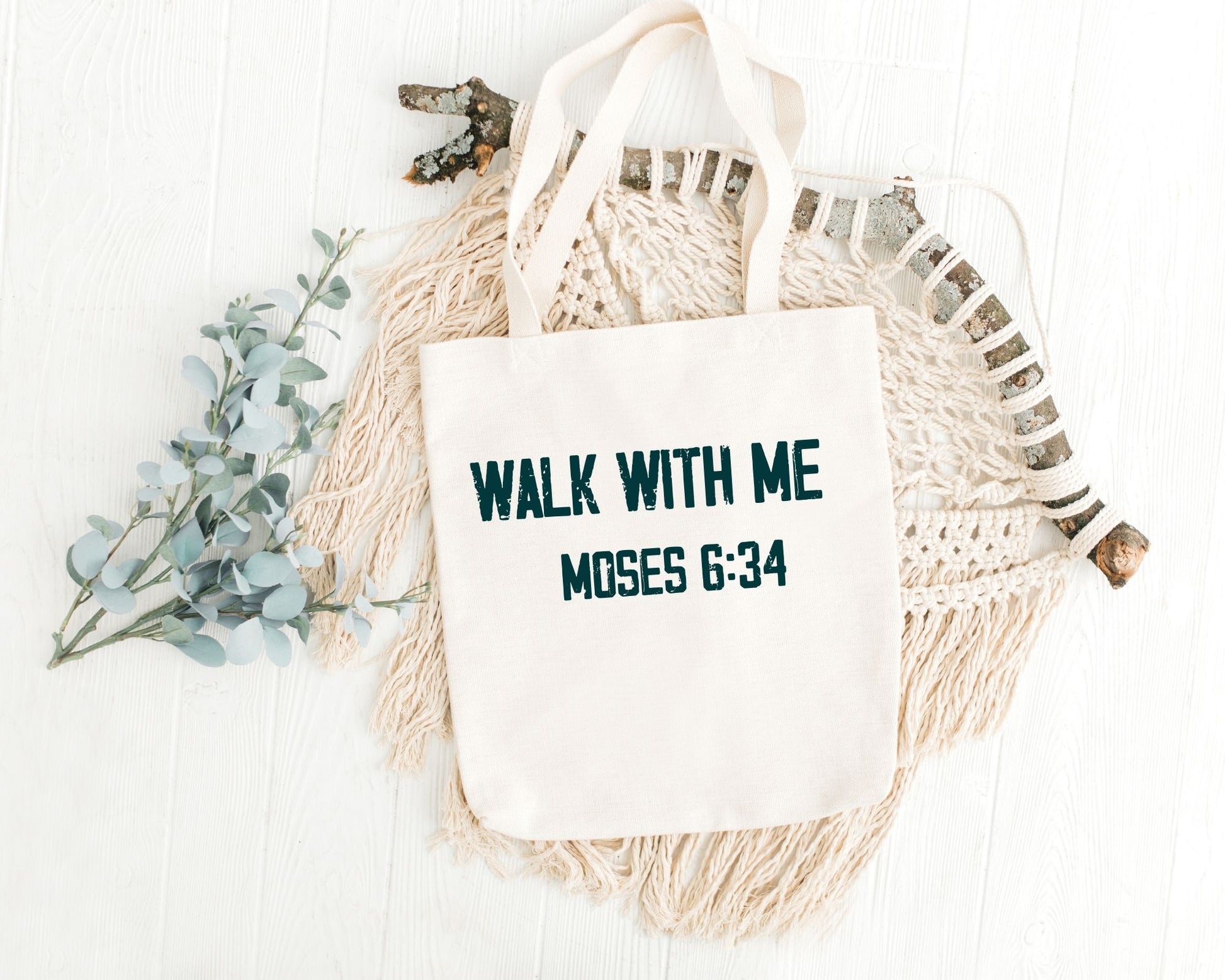Walk With Me | Moses 6:34 | Minimalist Tote Bags writing 2 La Bella Rose Boutique
