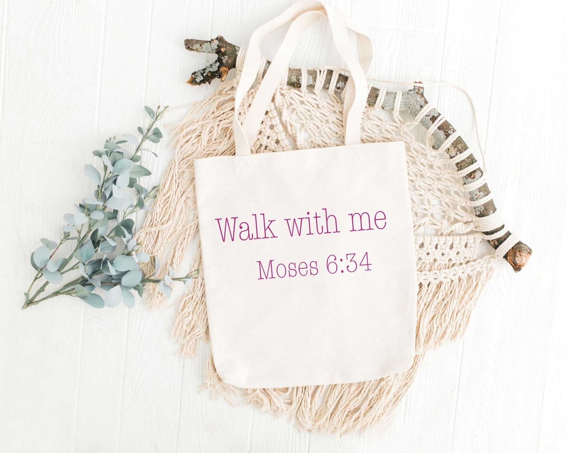 Walk With Me | Moses 6:34 | Minimalist Tote Bags writing 2 La Bella Rose Boutique