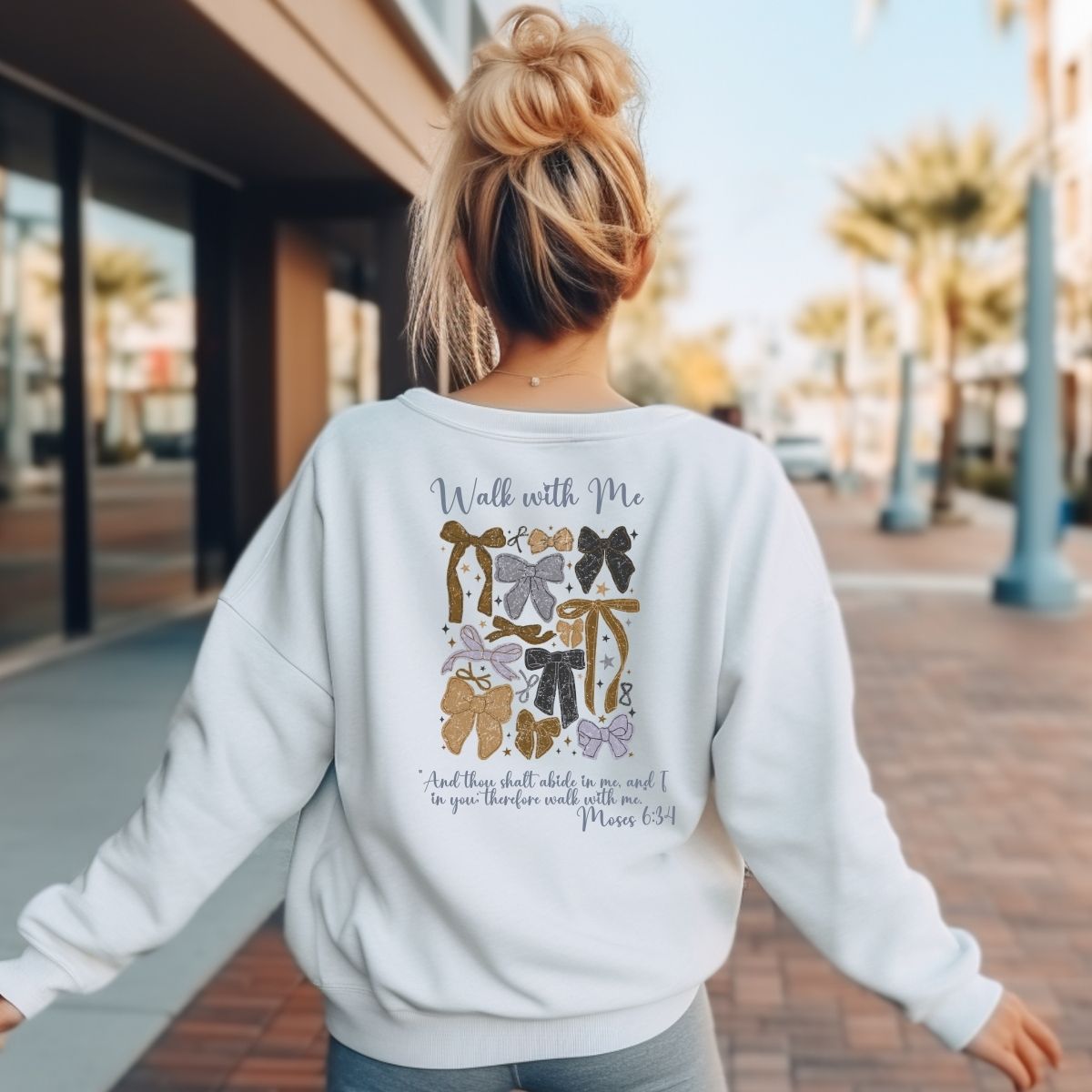 Walk With Me | Moses 6:34 | Sunset Sweatshirt Bows La Bella Rose Boutique