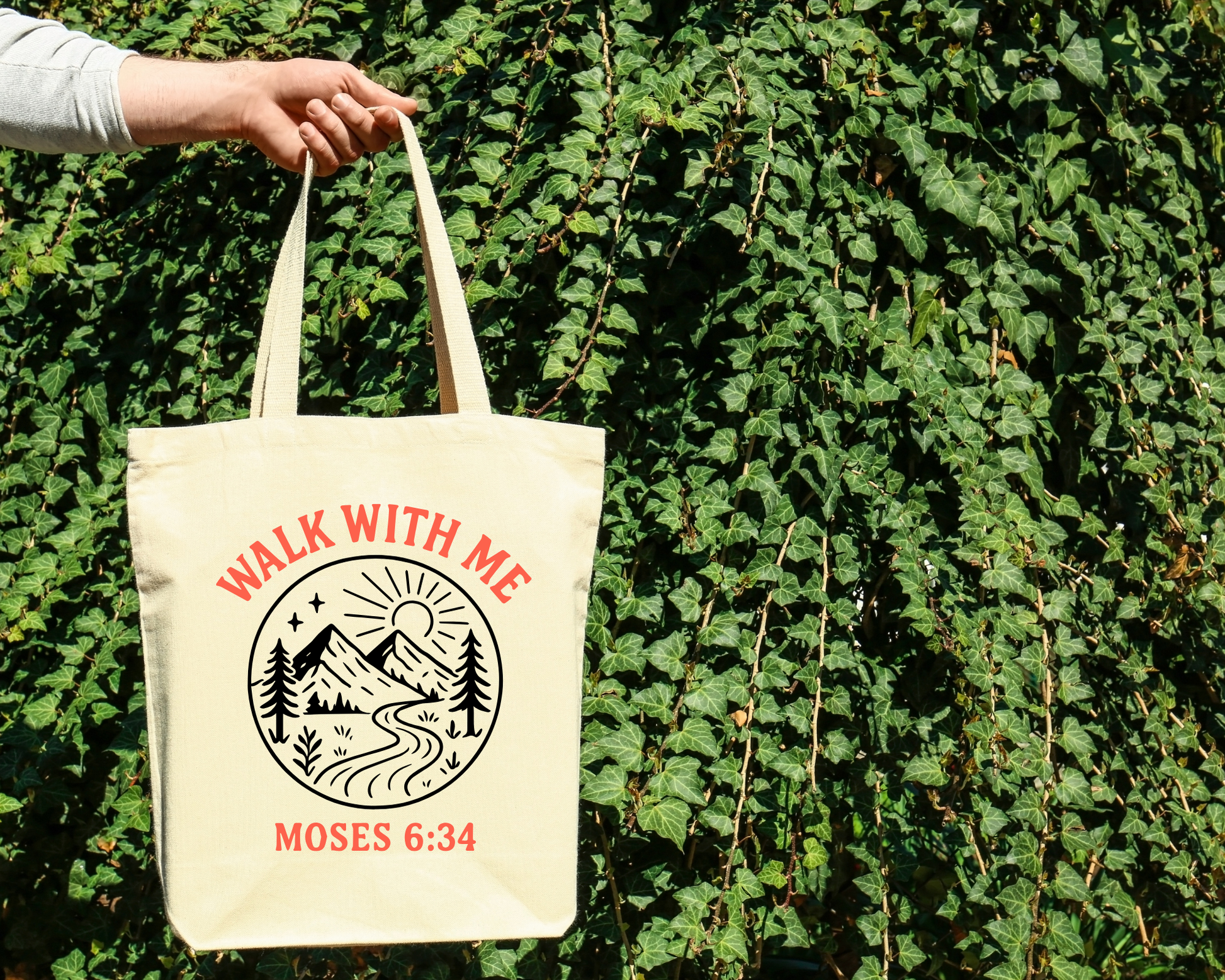 Walk With Me | Moses 6:34 | Round Image Tote Bags La Bella Rose Boutique