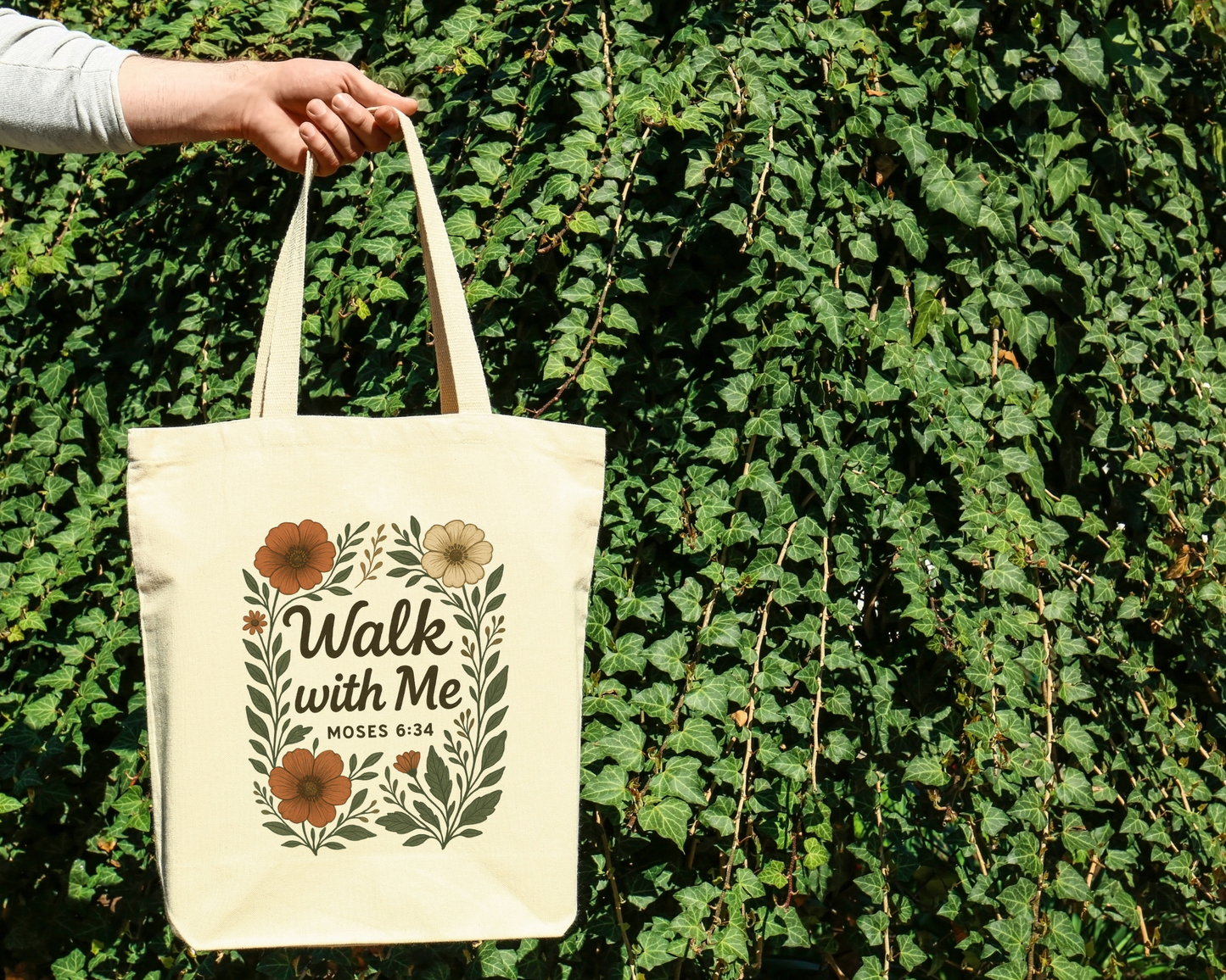 Walk With Me | Moses 6:34 | Flower Image Tote Bags La Bella Rose Boutique