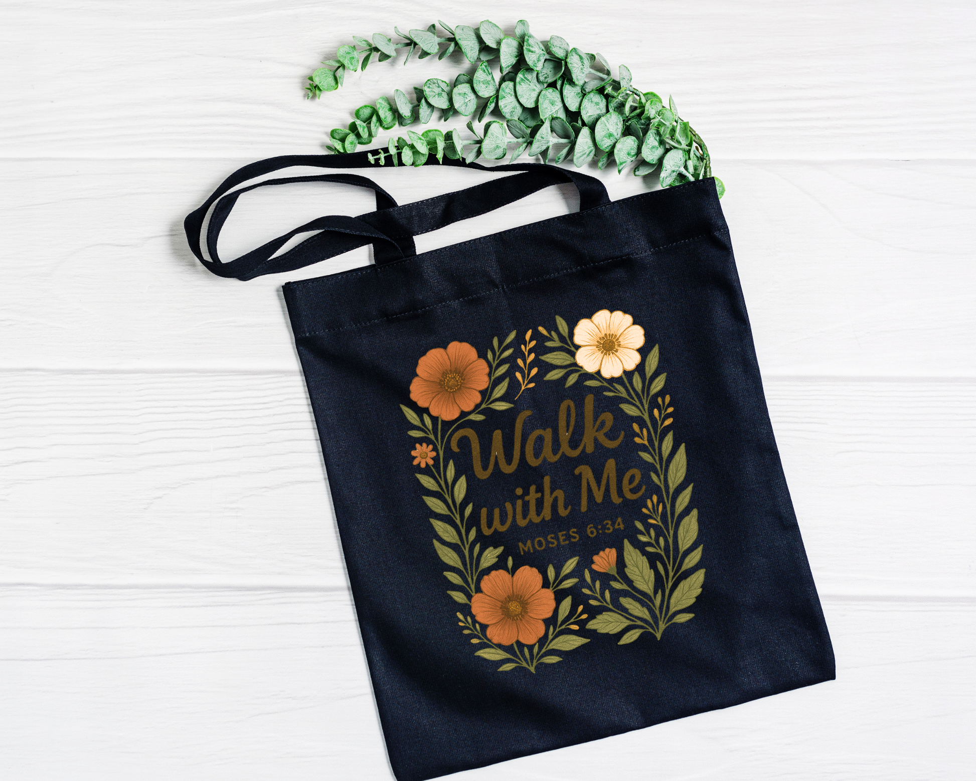 Walk With Me | Moses 6:34 | Flower Image Tote Bags La Bella Rose Boutique