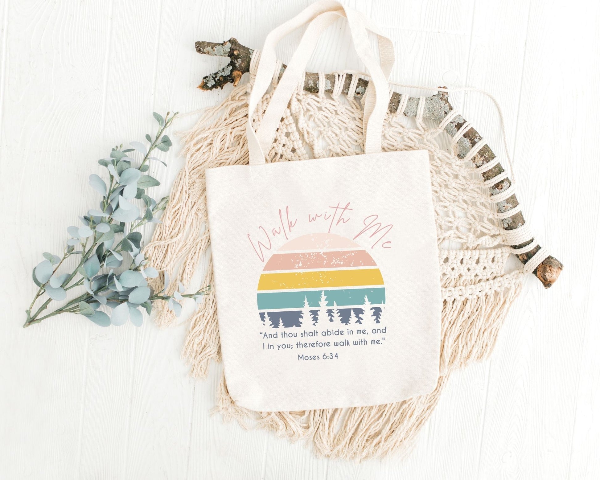Walk With Me | Moses 6:34 | Minimalist Tote Bags sunset La Bella Rose Boutique