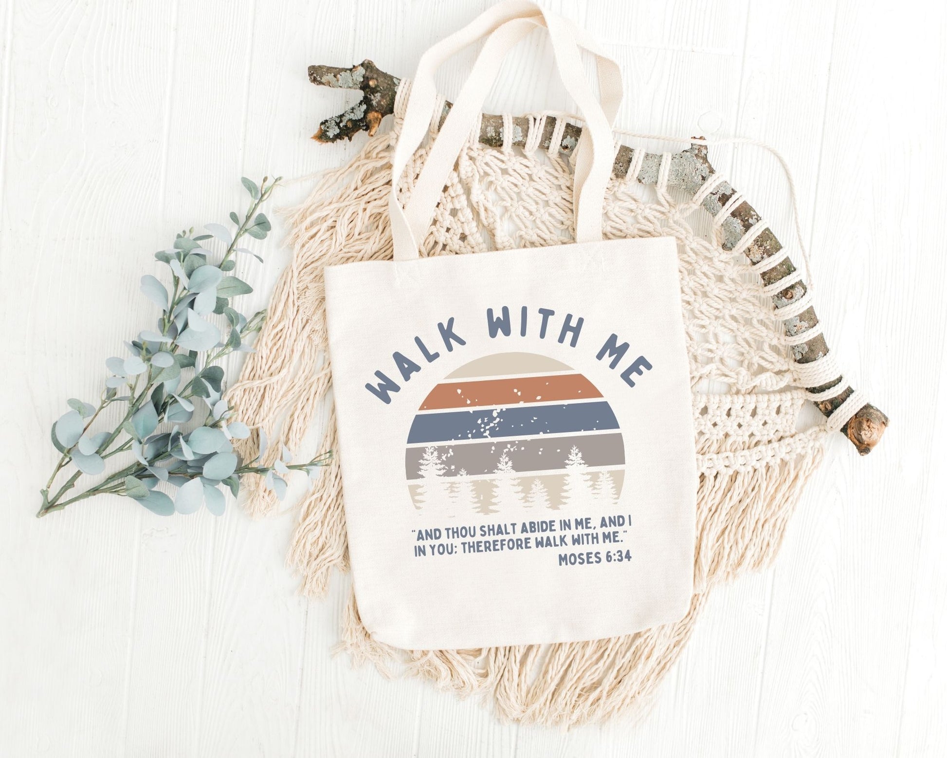 Walk With Me | Moses 6:34 | Minimalist Tote Bags sunset La Bella Rose Boutique