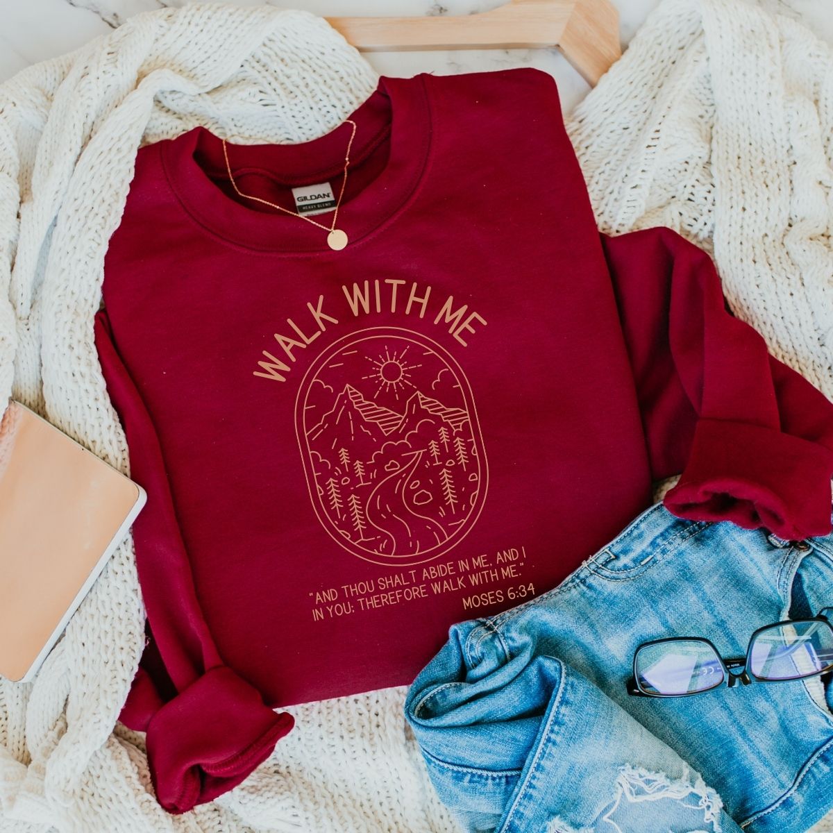 Walk With Me | Moses 6:34 | Sunset Sweatshirt Minimalist La Bella Rose Boutique