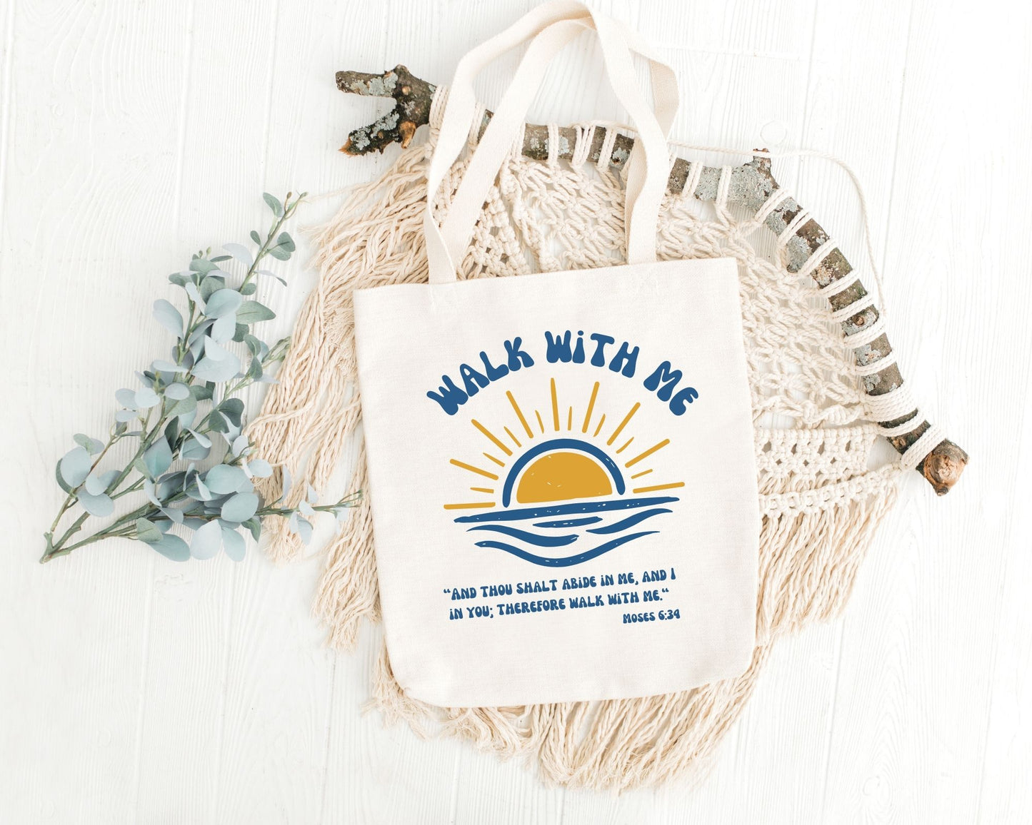 Walk With Me | Moses 6:34 | Minimalist Tote Bags SUNRISE La Bella Rose Boutique