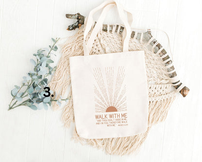 Walk With Me | Moses 6:34 | Minimalist Tote Bags BOHO SUN La Bella Rose Boutique