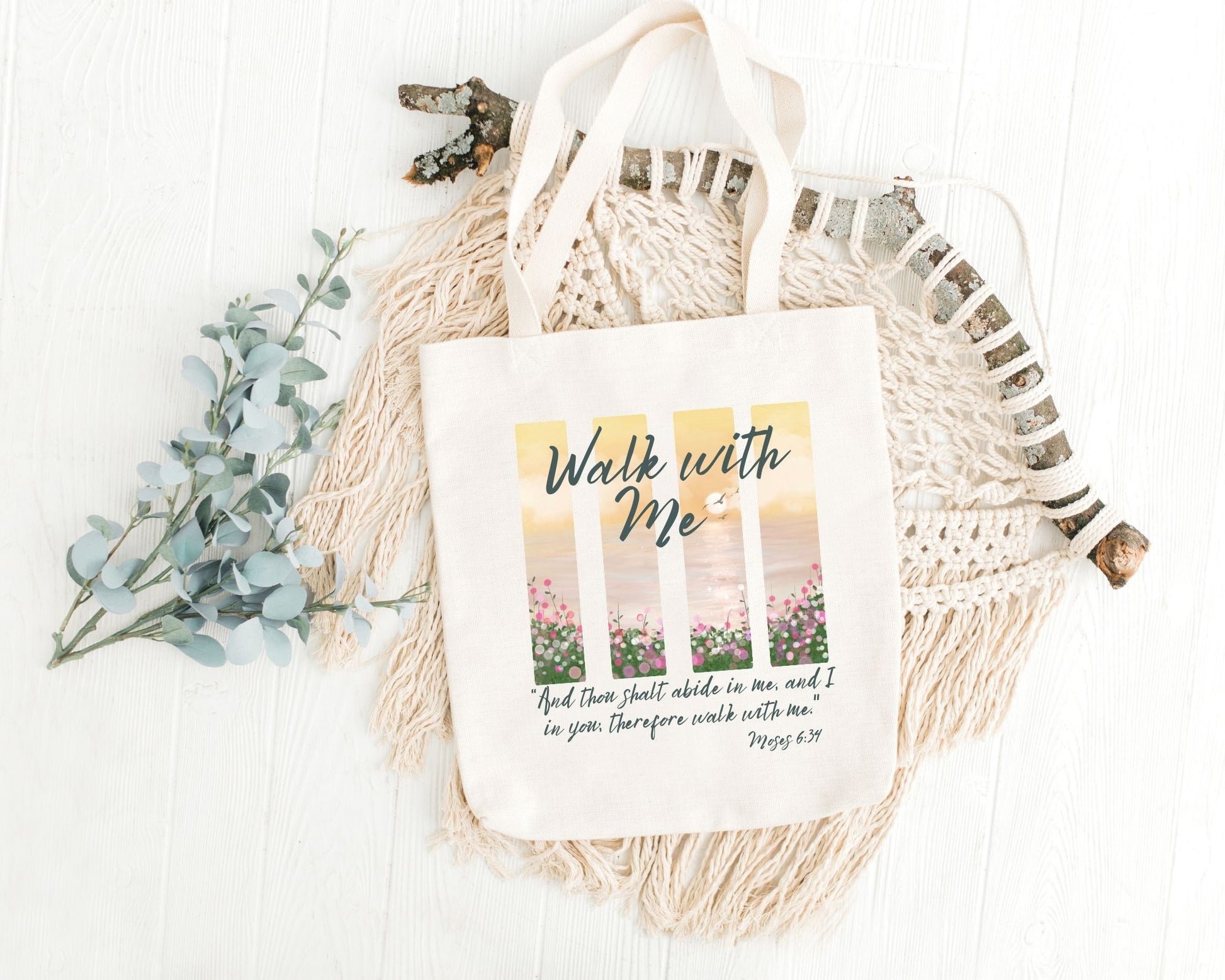 Walk With Me | Moses 6:34 | Minimalist Tote Bags FLOWER GARDEN La Bella Rose Boutique