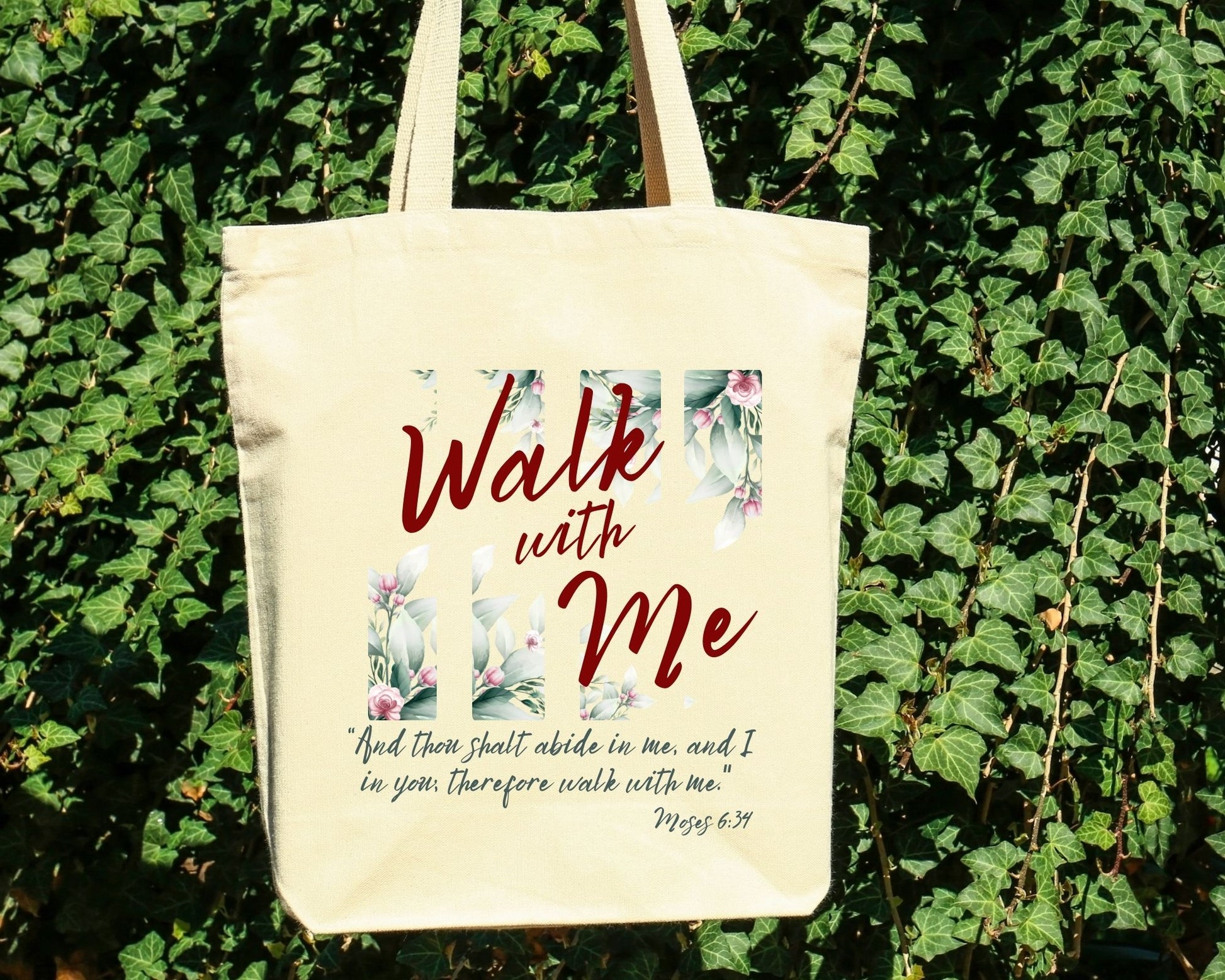 Walk With Me | Moses 6:34 | Minimalist Tote Bags FLOWER GARDEN La Bella Rose Boutique