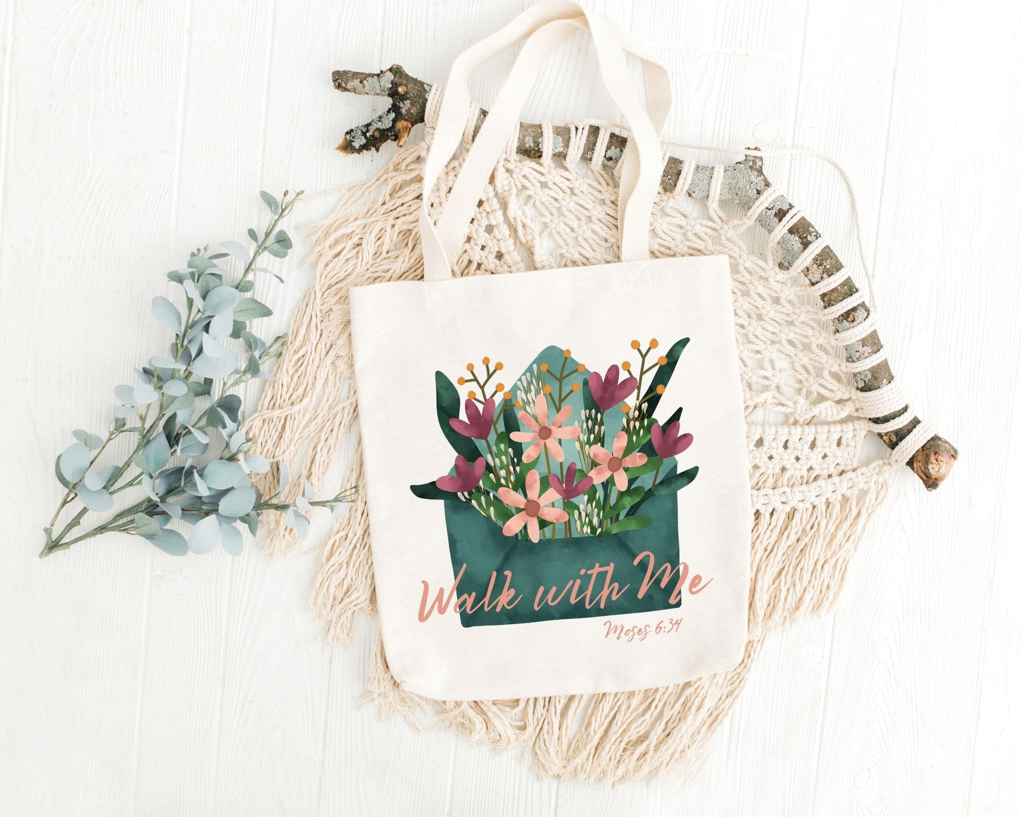 Walk With Me | Moses 6:34 | Minimalist Tote Bags envelope La Bella Rose Boutique