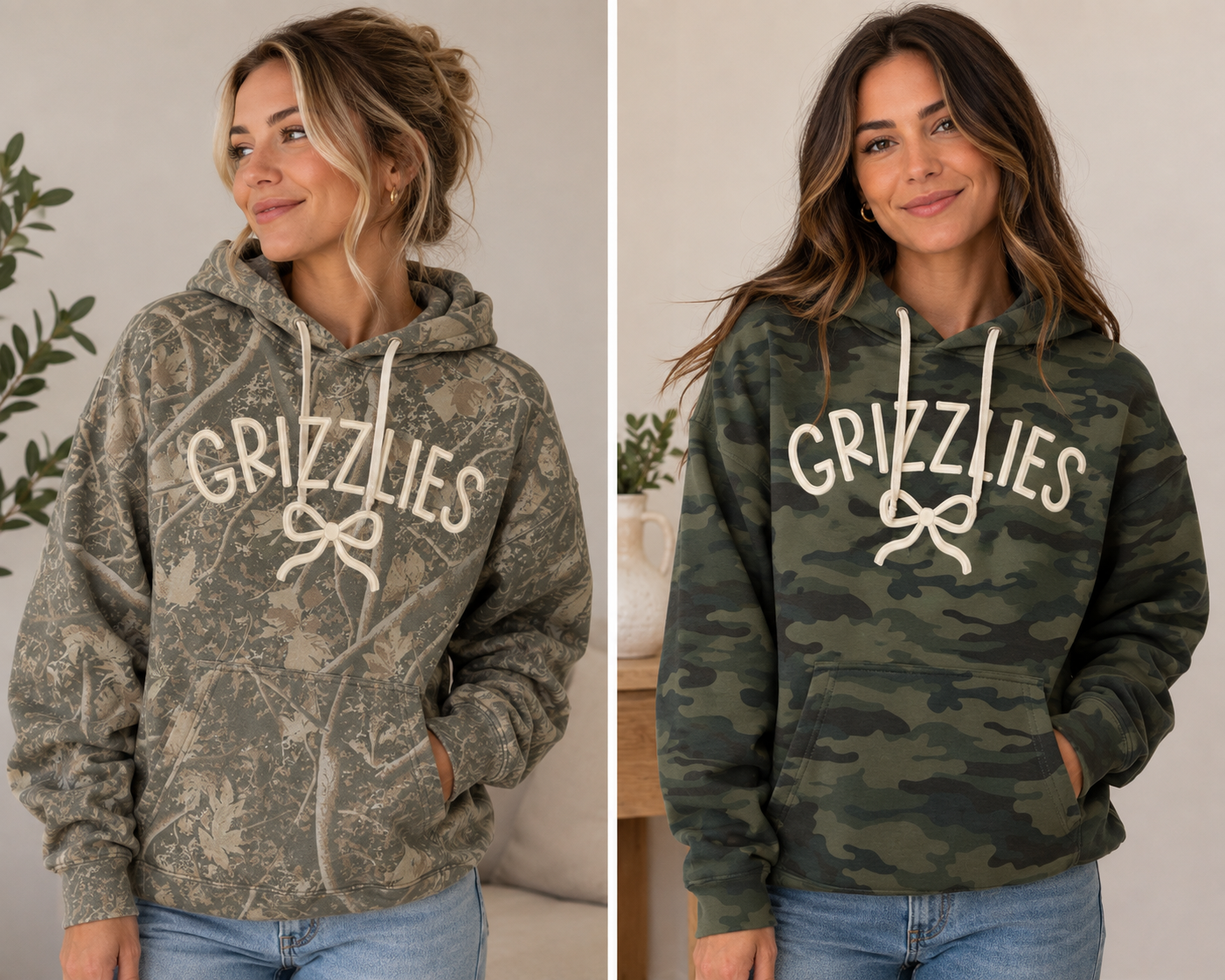 Camo Grizzlies with Bow 3d Puff crewneck sweatshirt or Hoodie