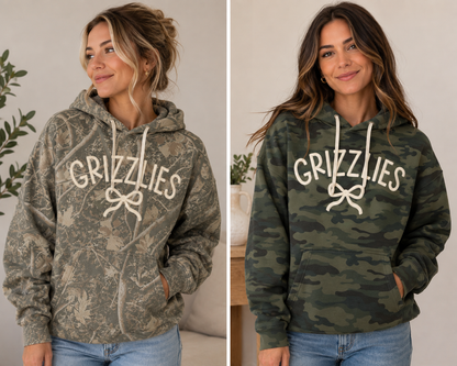 Camo Grizzlies with Bow 3d Puff crewneck sweatshirt or Hoodie