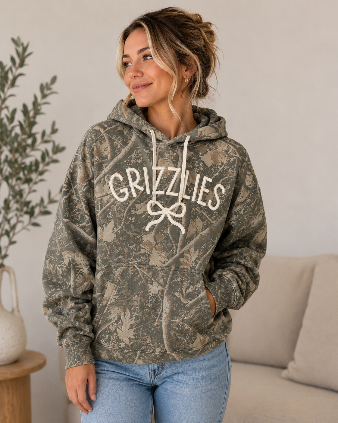 Camo Grizzlies with Bow 3d Puff crewneck sweatshirt or Hoodie